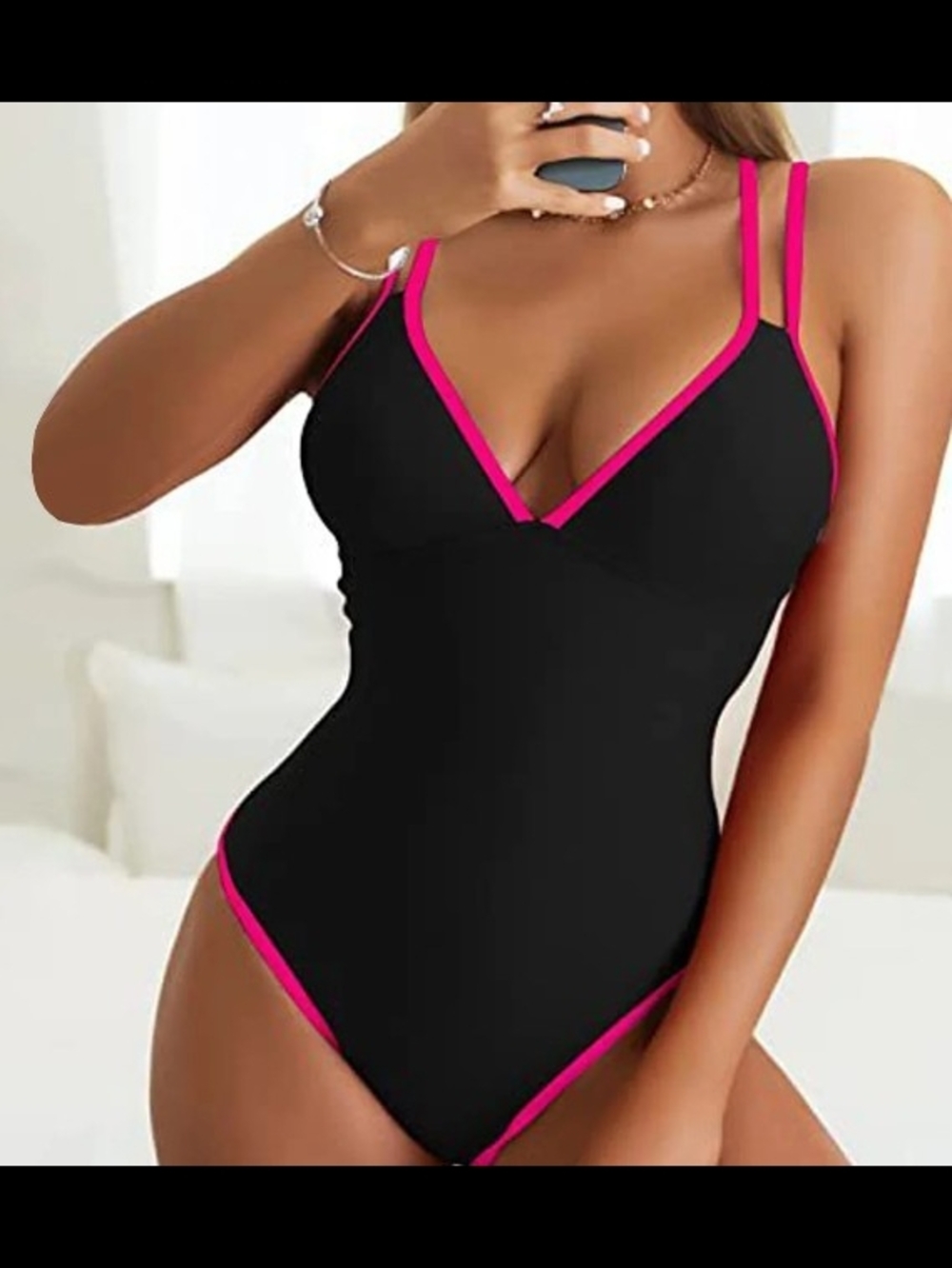 Black One-Piece Swimsuit with Pink Trim - Women Swim